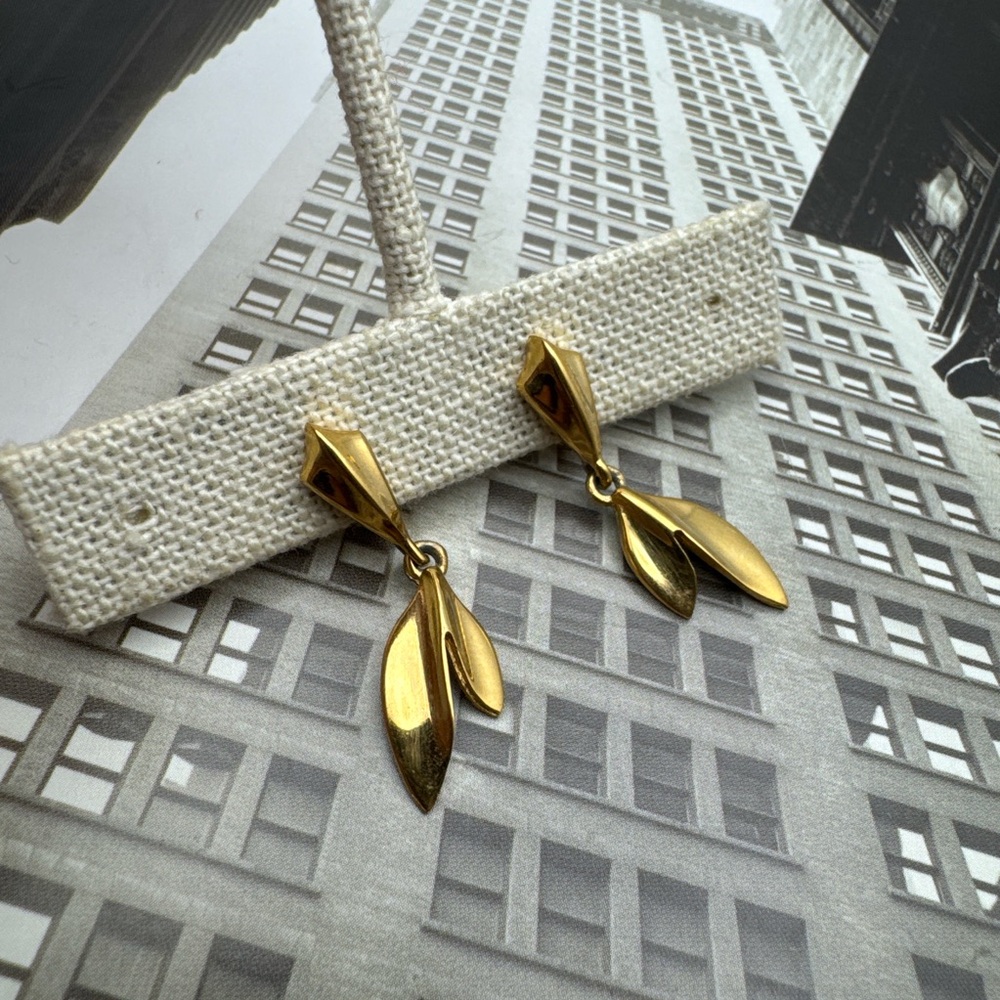 Givenchy Signed Vintage 1990's Leaf Yellow Gold Plated Drop Clip Earrings